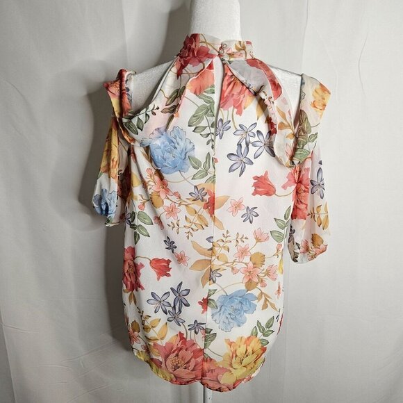 Sweet Pea NY & Co Blouse Size Medium Floral Cold Shoulder Floral Tie Top - Picture 5 of 11